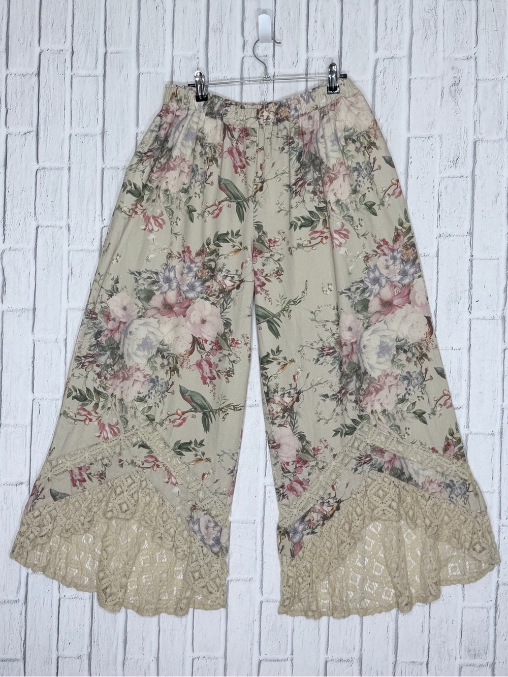 🌸 Blue Velvet NWT 100% COTTON Floral Lace Wide Leg Pants Cottagecore Boho M